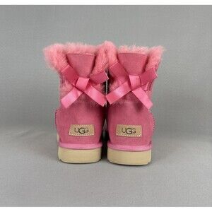 Womens UGG Boots Sz 9 Bailey Bow Mini Pink Suede Wool Ankle Shoes